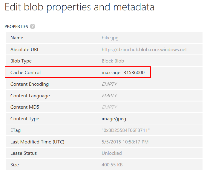 Azure blob properties allow you to specify Cache-Control value