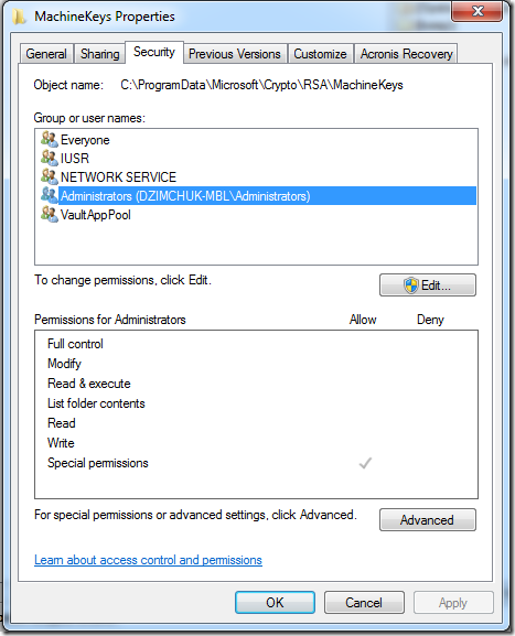 permissions to MachineKeys for Administrators