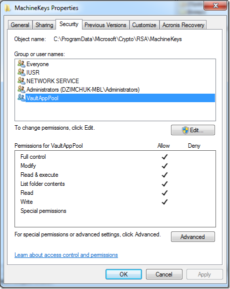 permissions to MachineKeys for VaultAppPool